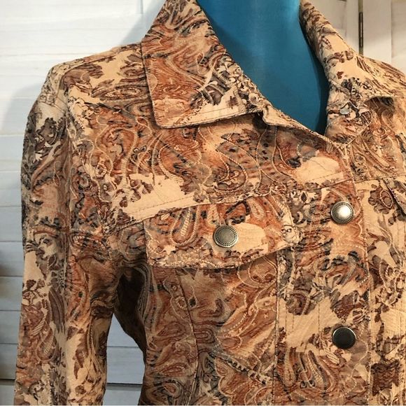 Vintage Y2K 70s boho retro vibes paisley tan rust orange cotton canvas jacket M - Picture 4 of 10
